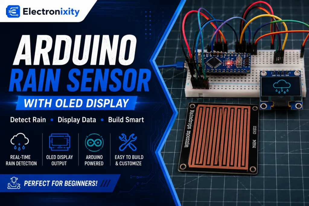 Arduino Nano wired to a servo-driven wiper arm and a 0.96in OLED showing a rain animation